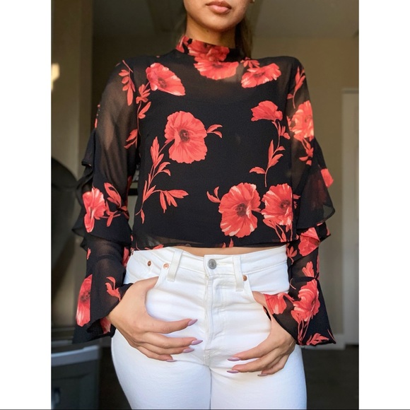 Sheer Black Top with Red Flowers - Picture 2 of 5